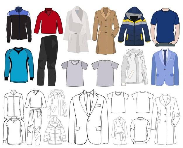 Векторный изолированный набор одежды, куртка, куртка, майка, эскиз одежды