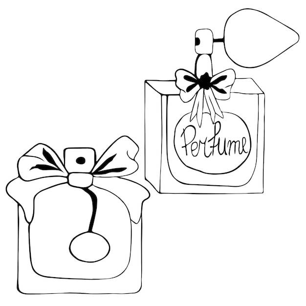 Набор различных парфюмерных флаконов в стиле каракулей, нарисованных вручную тушью