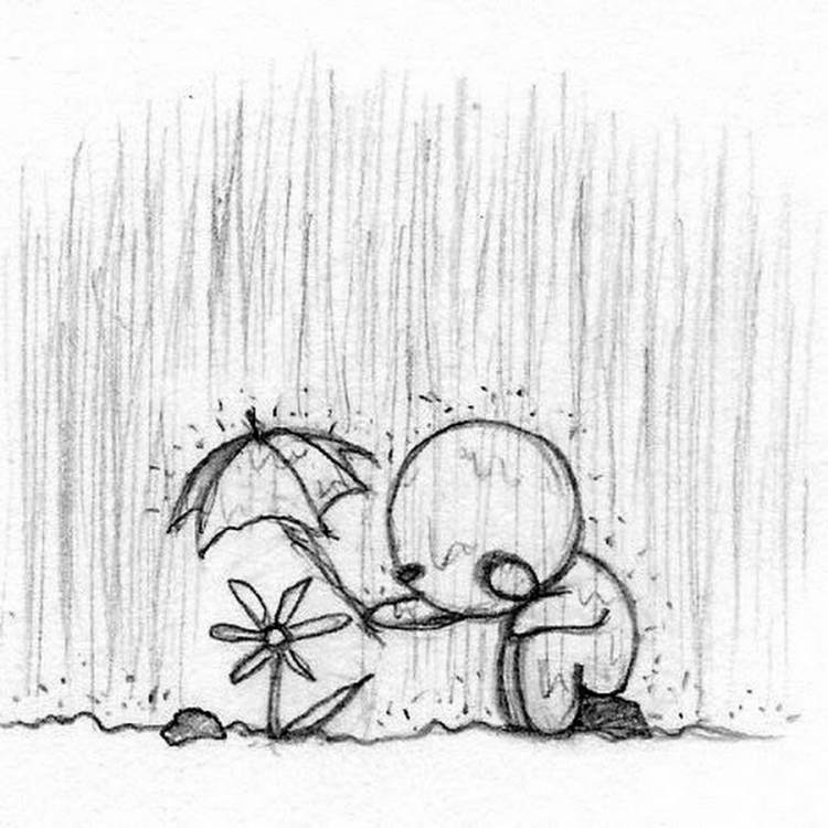 Фото Нарисованный человечек под дождем укрывает цветок зонтиком