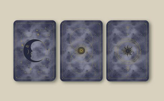 Волшебные и мистические синие карты таро, нарисованные вручную вектором