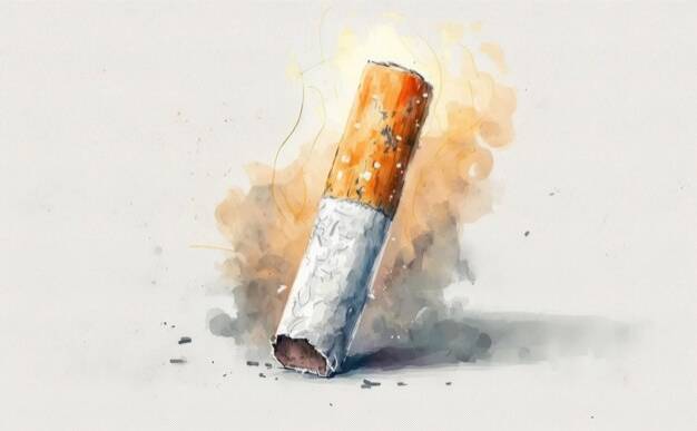Нарисованная сигарета с дымом на белом фоне, акварельные иллюстрации, сгенерированные ai