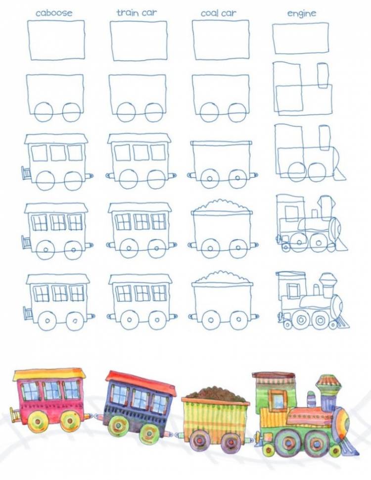 Поэтапное рисование поезда для детей