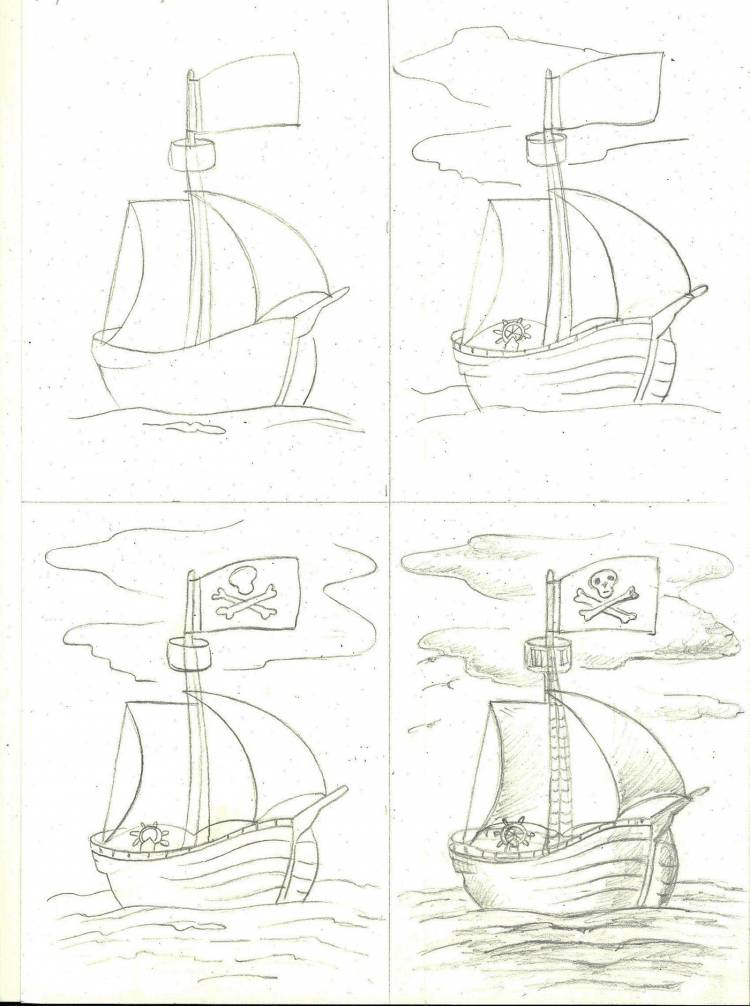 Поэтапное рисование корабля для детей