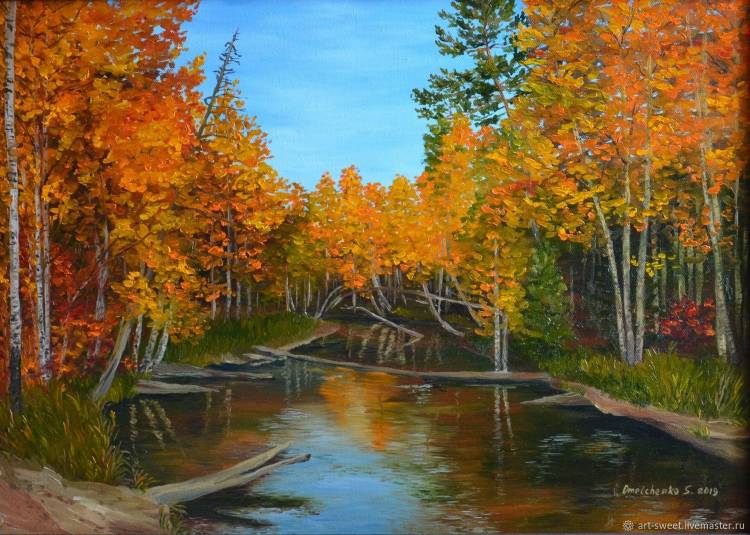 Осенний пейзаж с рекой рисунок