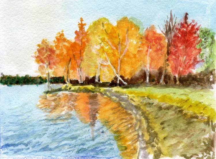 Осенний пейзаж с рекой рисунок