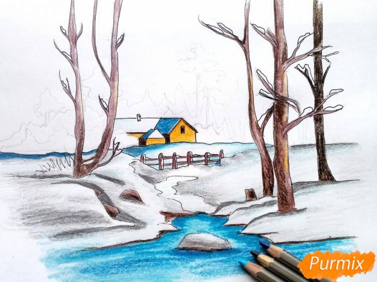 Как нарисовать зимний пейзаж поэтапно