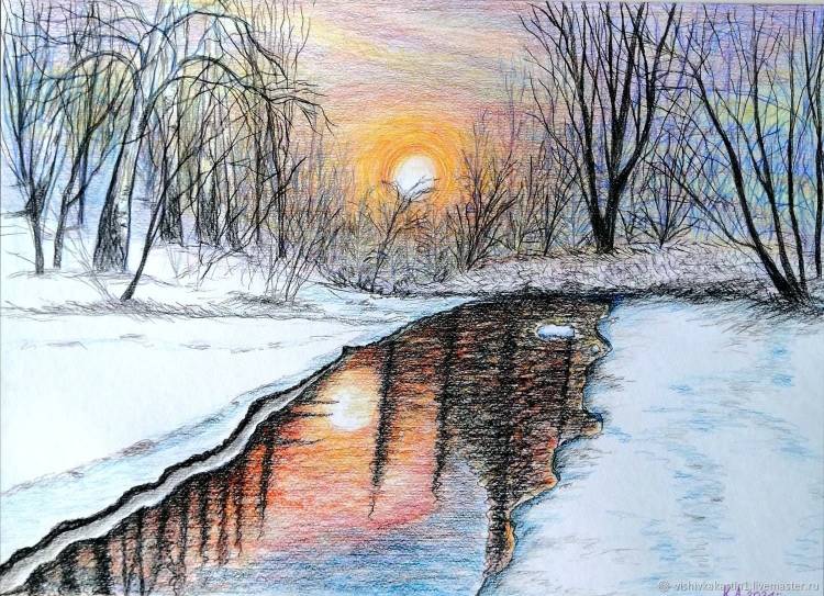 Зимний пейзаж цветными карандашами