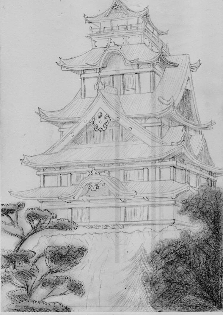 Японский дом рисунок карандашом