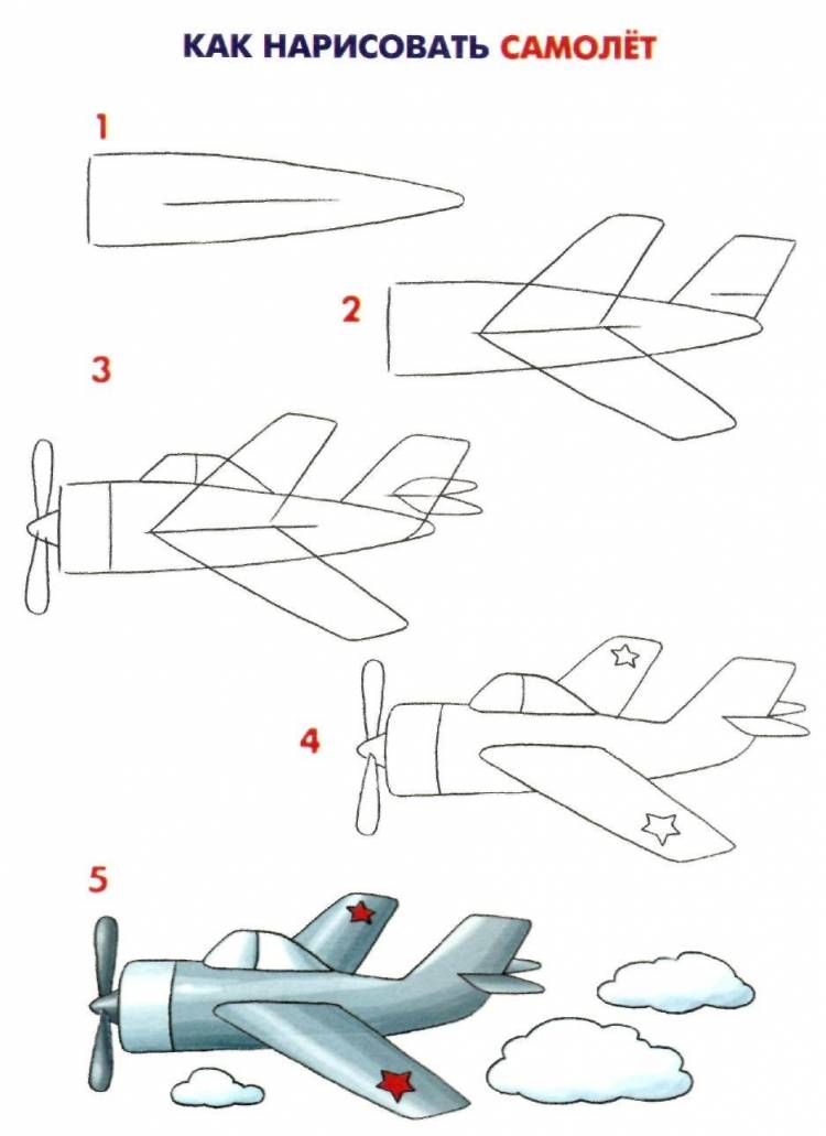 Поэтапное рисование самолета для детей
