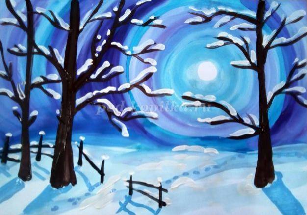 Рисуем Зимний пейзаж гуашью поэтапно с фото для детей