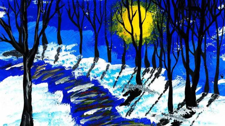 Как нарисовать зимний парк под луной, красками гуашь