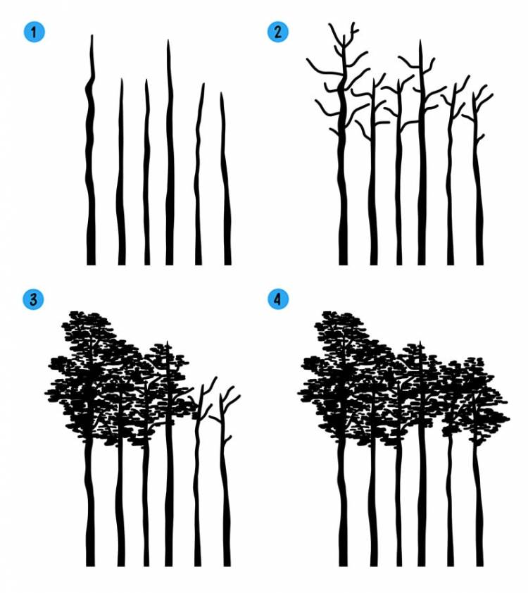 Как нарисовать (рисовать) лес с деревьями » Рисуем легко и поэтапно