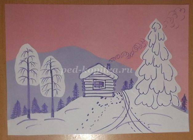 Аппликация с элементами рисования «Зимний Пейзаж» для дошкольников