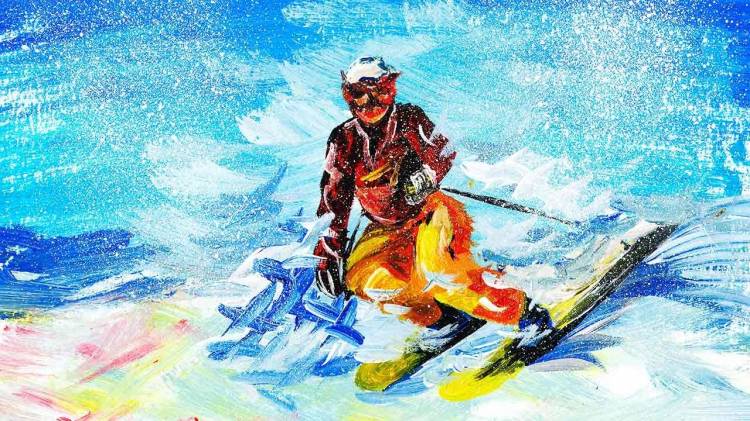 Как нарисовать лыжника, красками, поэтапно