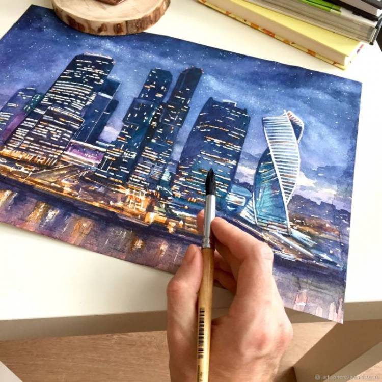 Как нарисовать город поэтапно красками и карандашом