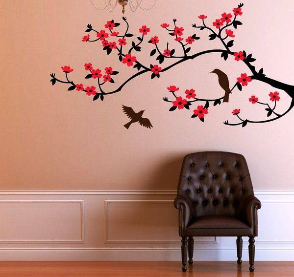 Рисунок сакуры на стене в интерьере, ветки дерева на наклейках, фотообоях и панно 