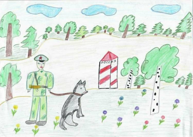 Детский рисунок пограничник с собакой 