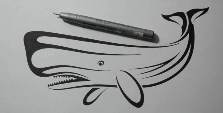 Как нарисовать татуировку в виде кита карандашом на бумаге поэтапно