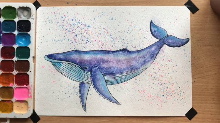 Рисунок синего кита акварелью