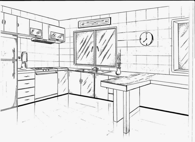 Рисунок кухни поэтапно карандашом