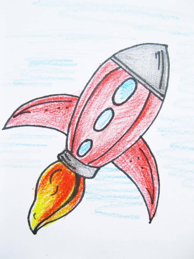 Рисунок ракеты для детей в смешанных техниках быстро