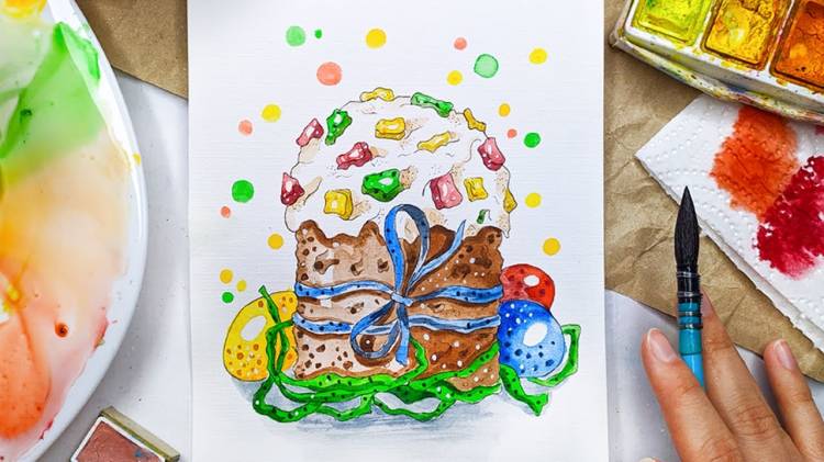 Как нарисовать пасхальный кулич с яйцам акварелью
