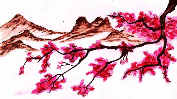 Как нарисовать ветку сакуры и горы, поэтапно, красками гуашь
