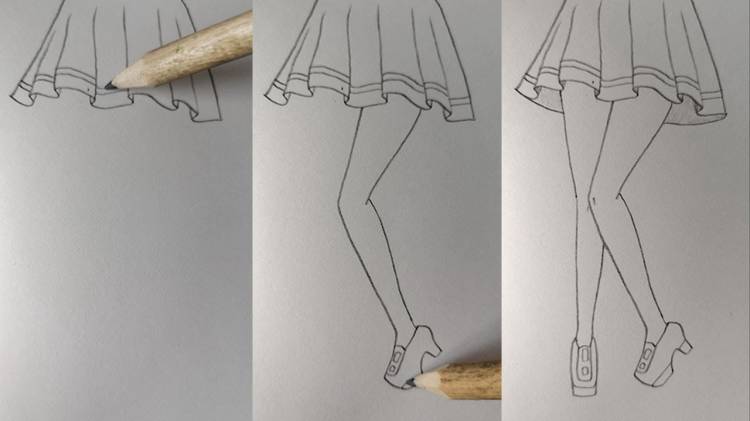 Как нарисовать ноги девушки, туфли и юбку карандашом