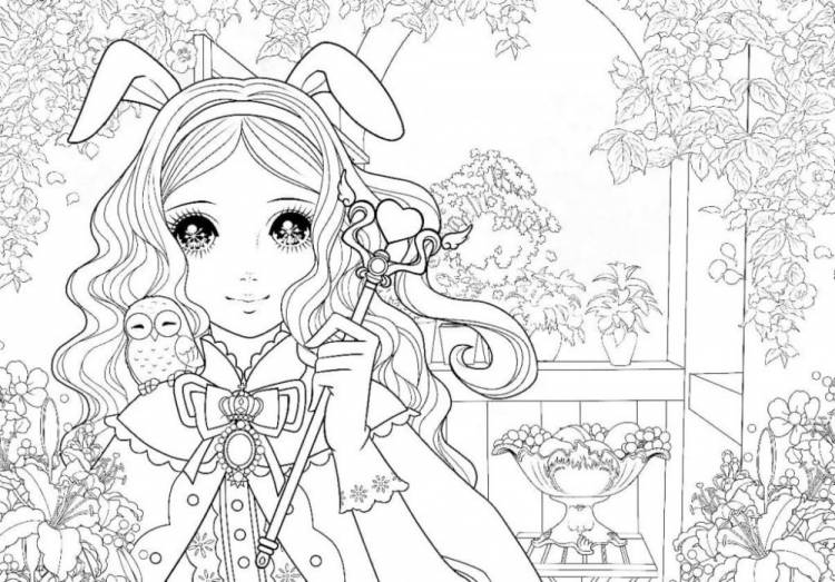 Раскраска Аниме девочка с ушками и совой
