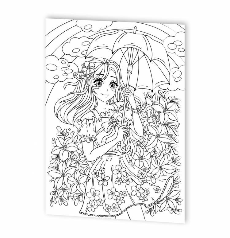 Детская раскраска для творчества Девочка с зонтиком в стиле Anime