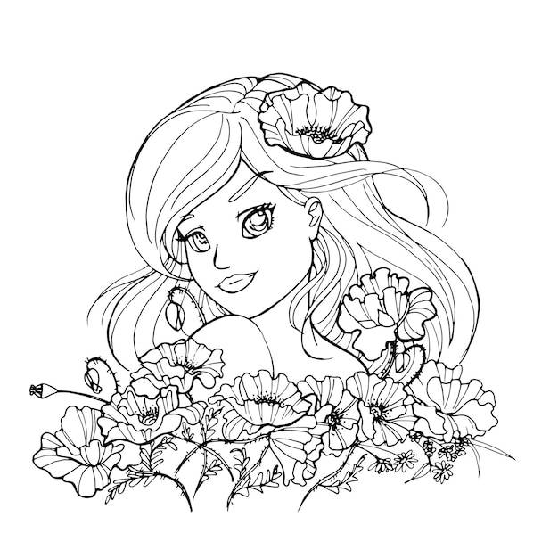 Векторная страница раскраски с милой мультяшной аниме-девушкой