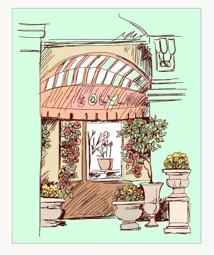 Иллюстрация Скетч, витрина цветочного магазина в стиле