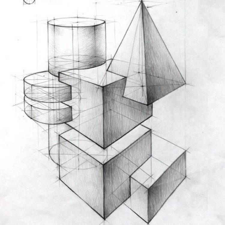 линейный рисунок натюрморта из геометрических тел