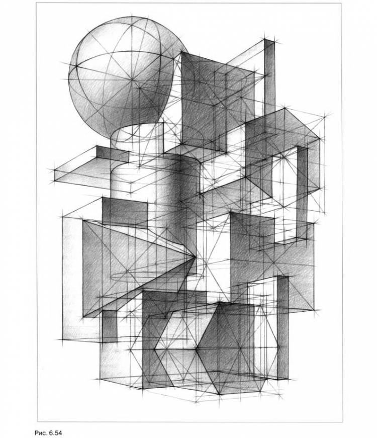 Линейно-конструктивный рисунок композиции из геометрических тел на основе «сетки»