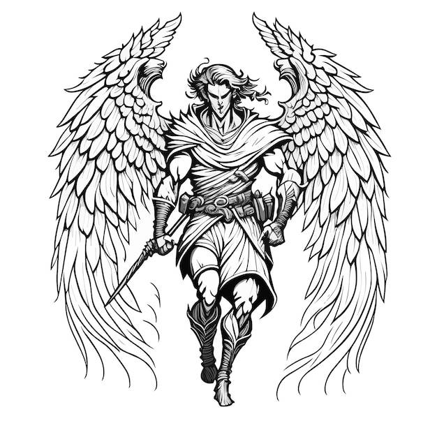 Эскиз человека с крыльями и мечом