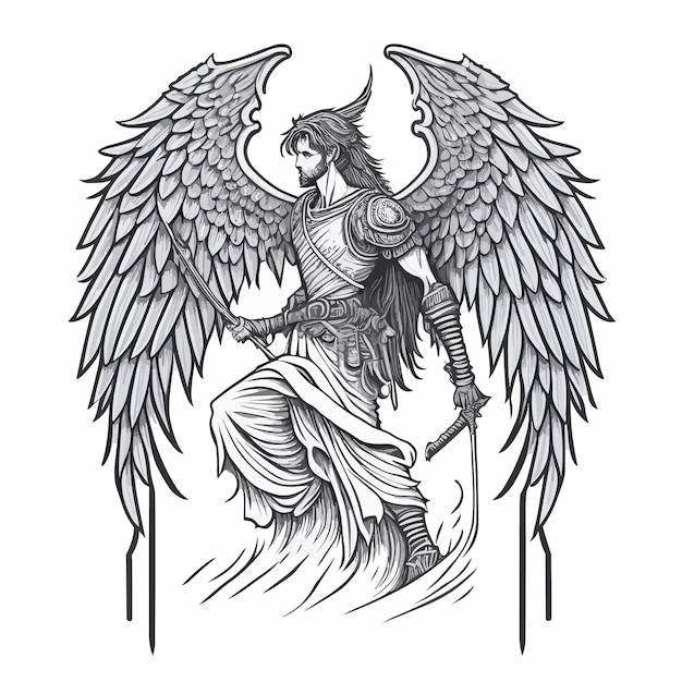 Эскиз женщины с крыльями и мечом