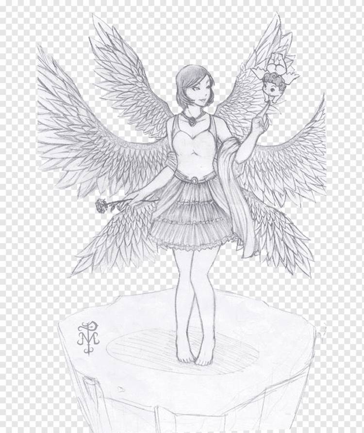 Рисунок ангела Seraph Line art Эскиз, крылатый, монохромный, вымышленный персонаж, птица png