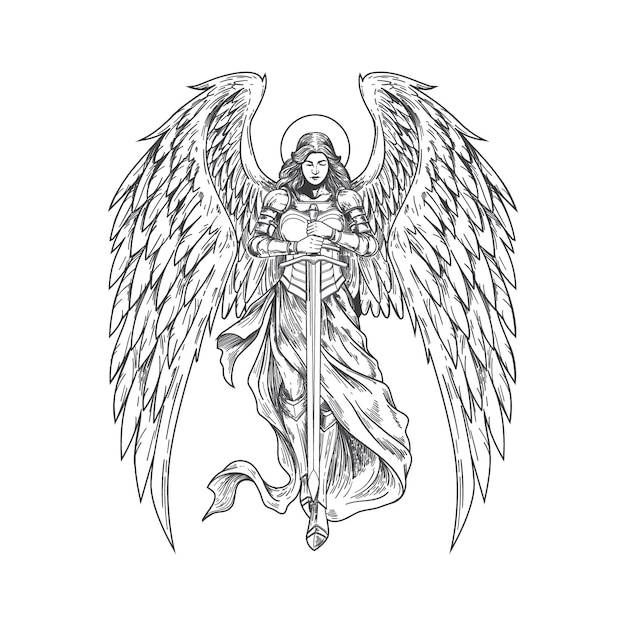 Ангелы, нарисованные от руки, несущие меч