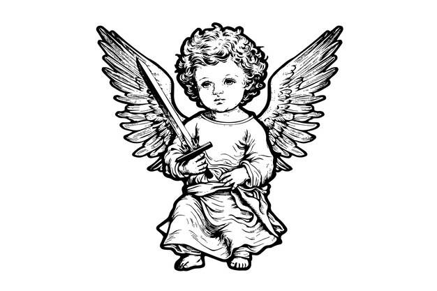 Маленький ангел с векторным мечом в стиле ретро, гравировка черно-белая иллюстрация младенец с крыльями