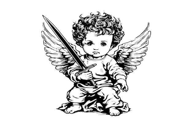 Маленький ангел с векторным мечом в стиле ретро, гравировка черно-белая иллюстрация младенец с крыльями