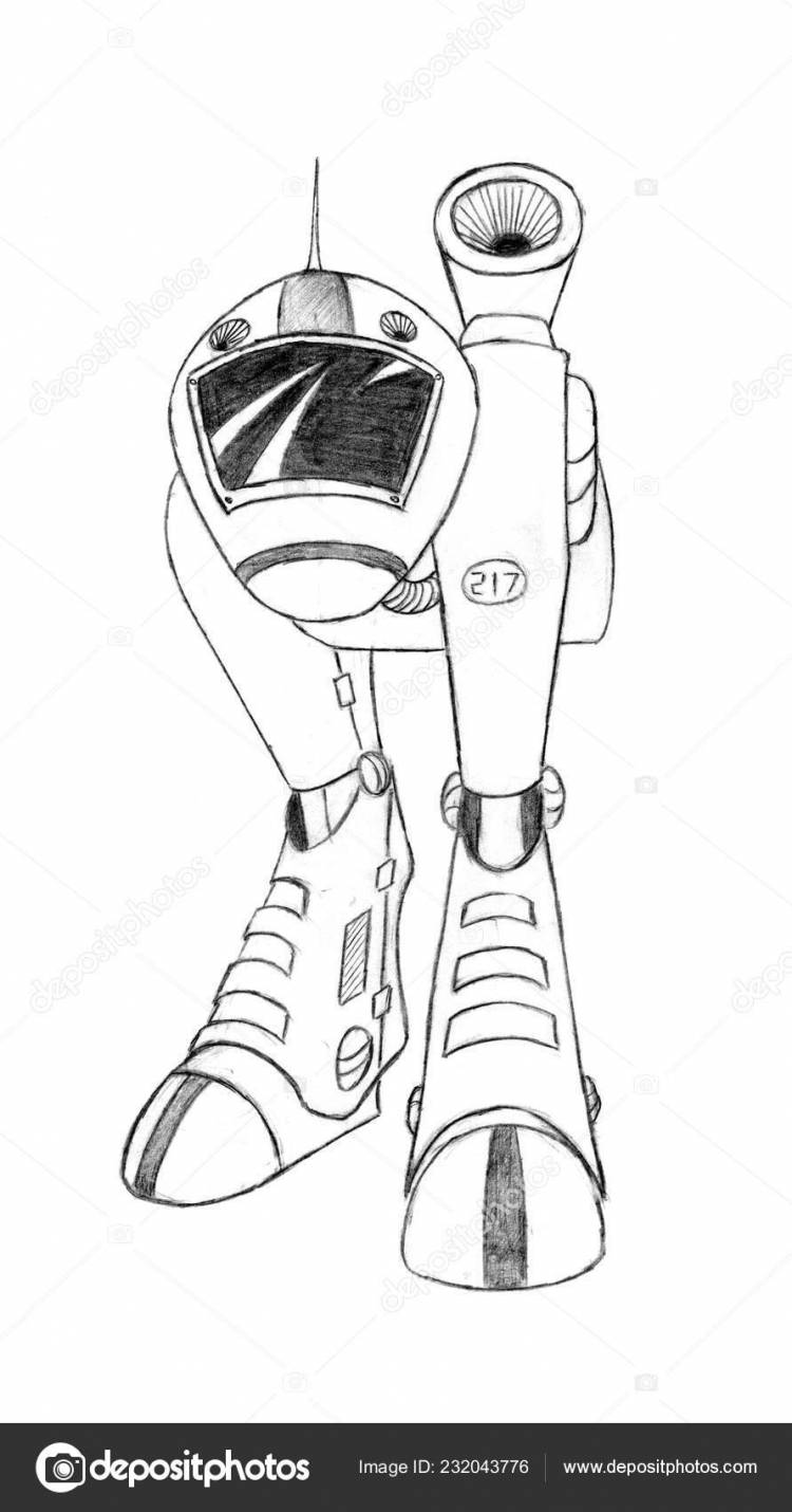 Черный карандаш Концепт Искусство рисования научно-фантастического будущего робота или ходячий военный танк Стоковая иллюстрация ©ursus@zdeneksasek