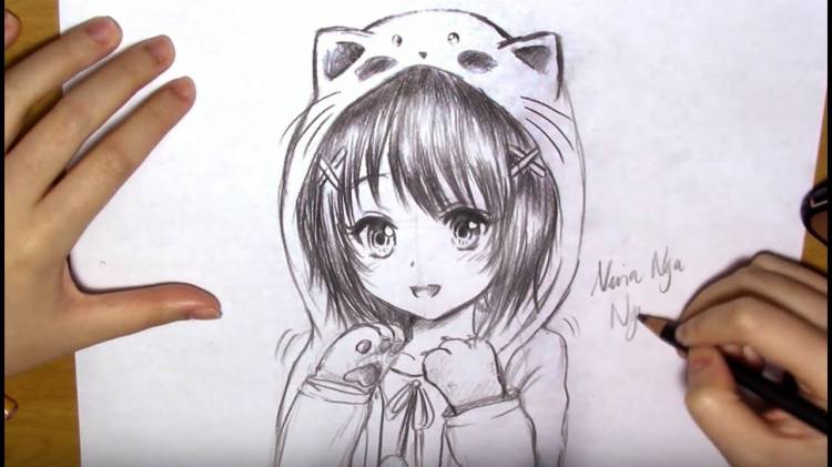 Как нарисовать девушку из манги в худи с ушками кота