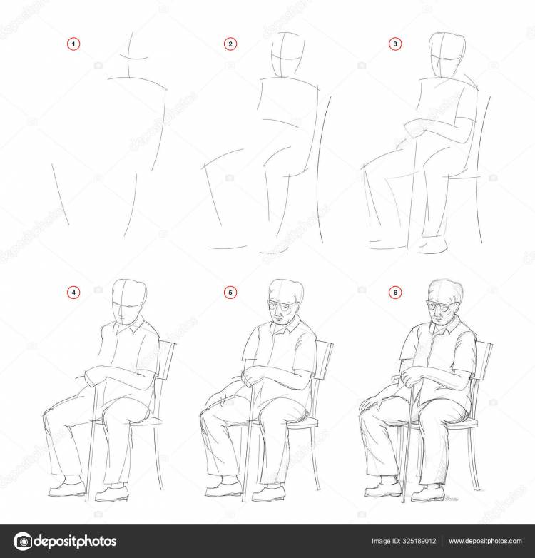 Рисовать Наброска Природы Сидящего Старика Создание Пошагового Карандашного Рисунка Образовательная Векторное изображение ©Nataljacernecka
