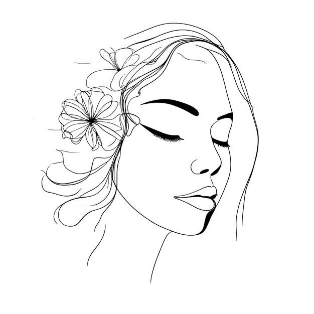 Эскиз лица женщины в художественном стиле с цветами в волосах и линиями лица в элегантном стиле для принтов