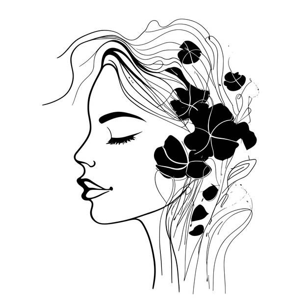 Эскиз лица женщины в художественном стиле с цветами в волосах и линиями лица в элегантном стиле для принтов