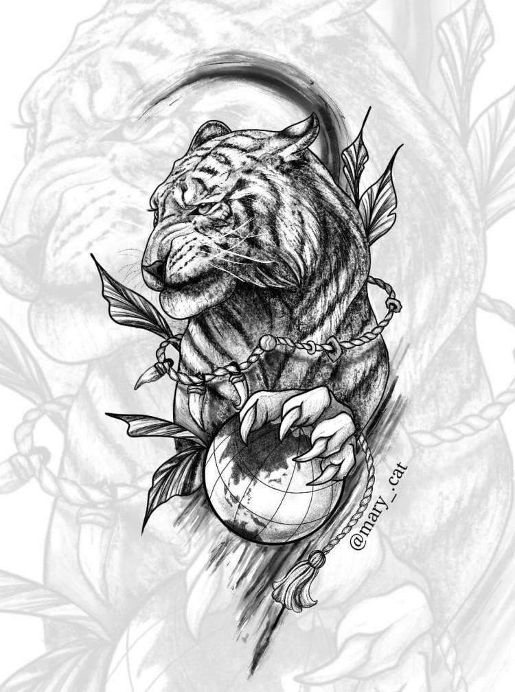 Свободный эскиз тату с тигром от мастера Мария Котова