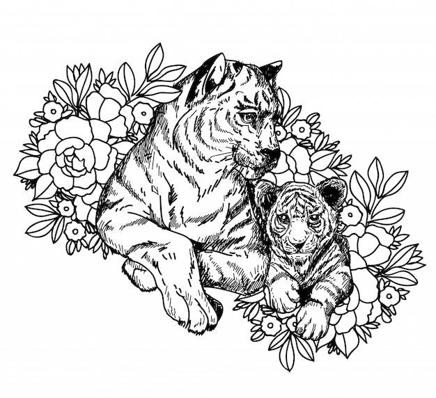 Тату арт эскиз тигра черно-белый с штриховой графикой