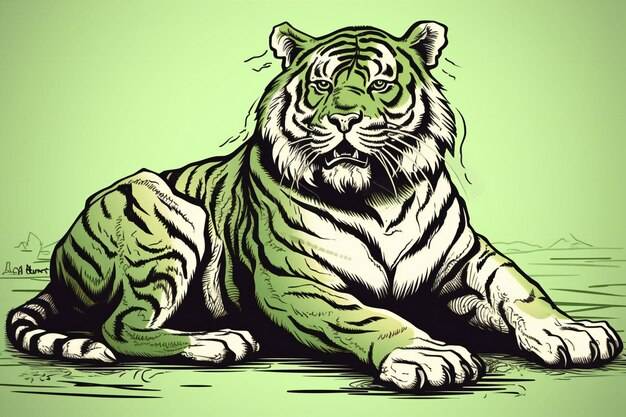 Эскиз тигра на зеленом фоне
