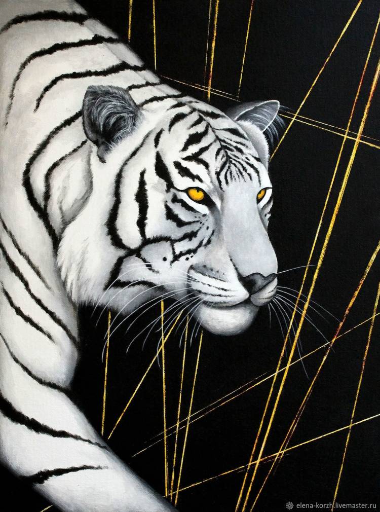 Картина с тигром Белый тигр на чёрном фоне на холсте в интернет