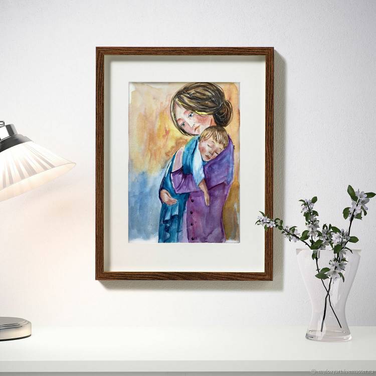Картина Мама с ребенком, акварель в детскую, картина с детьми в интернет
